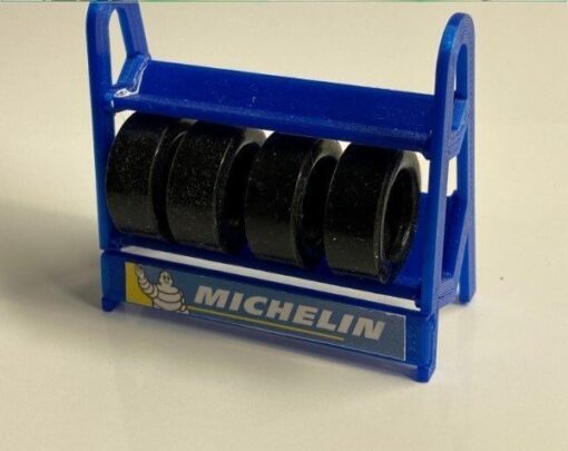 Greenhills Slot Car Tyre Rack with 4 x Tyres in Blue 1.32 Scale - NEW - G2076